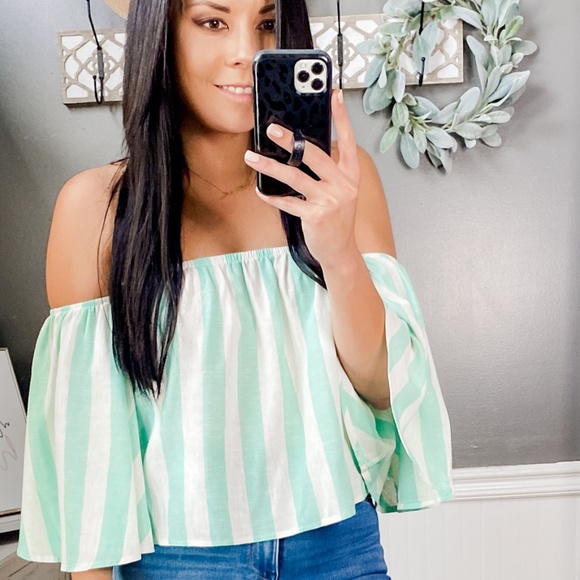 Striped off the shoulder linen top - Picture 1 of 7